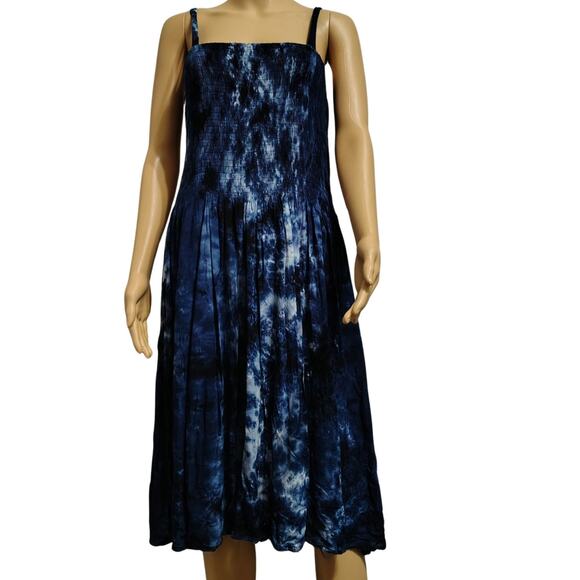 Summer Flowy Dress Blue Tye-Dye Elastic Shirred Top Uneven Hemline One Size - Picture 1 of 8